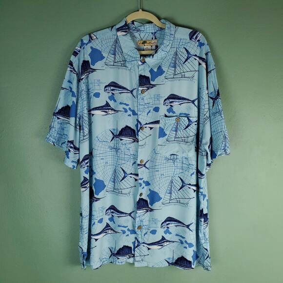 Joe Marlin Fish Sailboat Hawaiian Blue Button Up Shirt Size XXL - Picture 1 of 7
